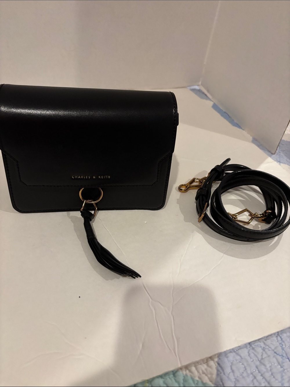 Charles & Keith Black Leather Crossbody with Gold Ring & Tassel (USED)